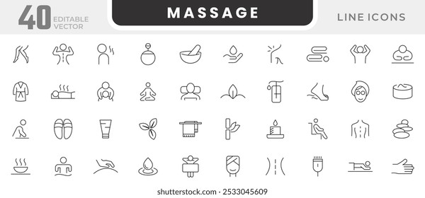 Massage line icon set. Relaxation, spa, sleep, yoga, health, lifestyle, spiritual practice, skin care, massage, hyaluronic acid, serum, pore tightening, and cosmetology icon set. UI thin line icon