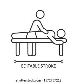 Massage linear icon. Spa center. Medical procedure. Back pain relief. Physical treatment. Injury healing. Thin line illustration. Contour symbol. Vector isolated outline drawing. Editable stroke