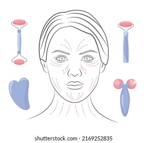 Massage lines face. Outline a woman's face. Cosmetic procedure. Massage Chinese technique of gouache. Vector illustration.