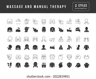 Masaje y Terapia Manual. Colección de iconos monocromos perfectamente simples para el diseño web, aplicación y los proyectos más modernos. Envase universal de signos clásicos para la categoría Medicina.