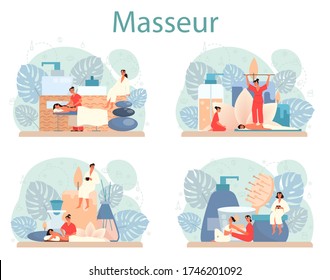 Masaje y conjunto de masajes. Spa en salón de belleza. Tratamiento de espalda y relajación. Persona en la mesa y terapeuta. Ilustración plana aislada