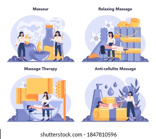 Masaje y conjunto de masajes. Spa en salón de belleza. Tratamiento de espalda y terapia de relajación. Persona en la mesa y terapeuta. Ilustración plana aislada