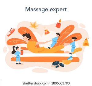 Massage and masseur concept. Spa procedure in beauty salon. Back treatment and relaxation. Person on table and therapist. Isolated flat illustration