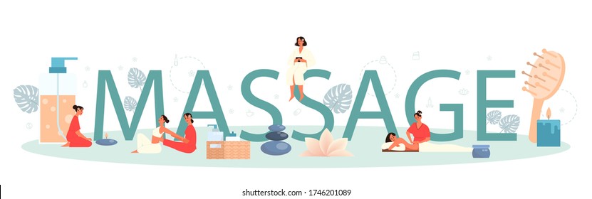 Massage and masseur typographic header concept. Spa procedure in beauty salon. Back treatment and relaxation. Person on table and therapist. Isolated flat illustration