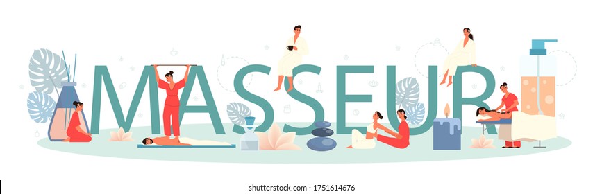 Massage and masseur typographic header concept. Spa procedure in beauty salon. Back treatment and relaxation. Person on table and therapist. Isolated flat illustration