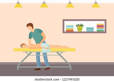 Massage and masseur in uniform working with client at spa salon vector. Relaxation and professional care of back, skin treatment and experts care