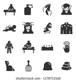 Massage, monochrome icons set. relaxing spa and medical massage of various parts of the body, acupuncture, simple symbols collection