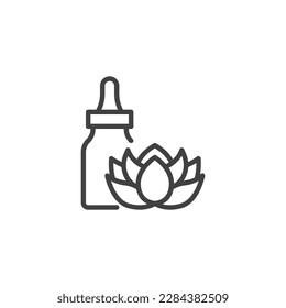 Massage Öl Flasche Linie Symbol. lineares Stilzeichen für mobiles Konzept und Webdesign. Grundlegende Ölflasche und Lotus florieren Vektorsymbol. SPA-Symbol, Logo-Abbildung. Vektorgrafik