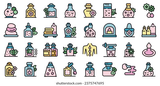 Iconos de aceite de masaje establecen el vector de contorno. Botella de almendra. Color de la línea delgada médica de salud plano en blanco