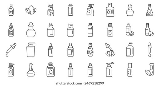 Massage oil icons set vector. A collection of various bottles and containers, including some with labels that say "soap" and "shampoo."