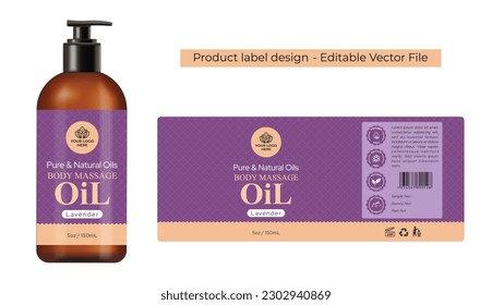 Massage-Öl-Etiketten Design, Haaröl-Körperöl, Spa-Produktverpackung Design, Aromatherapie essenzielle Öl-Flasche Etikette Design des kosmetischen Produkts mit realistischer Mustergrafik.