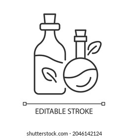 Icono lineal del aceite de masaje. Aromaterapia. Aceite de hierbas natural y orgánico para el masaje. Ilustración personalizable de línea delgada. Símbolo de contorno. Dibujo de contorno aislado del vector. Trazo editable