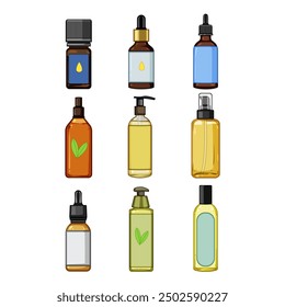 massage oil set cartoon. aromatherapy treatment, beauty therapy, health plant massage oil sign. isolated symbol vector illustration