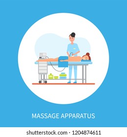 Massage on apparatus machine vector poster in circle with masseuse woman making relaxing procedure using electronic device. Woman in spa cabinet isolated