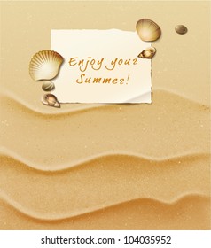 Massage on white paper and seashells over a sand beach. Vector Illustration