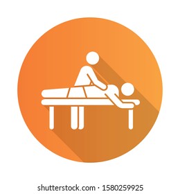 Massage orange flat design long shadow glyph icon. Spa center services. Professional medical procedure. Back pain relief. Physical treatment. Injury healing. Vector silhouette illustration