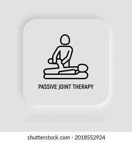 Massage, passive joint therapy thin line icon, physiotherapist warms up knee of man. Physiotherapy, rehabilitation. Modern vector illustration. 