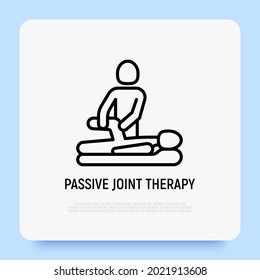 Massage, passive joint therapy thin line icon, physiotherapist warms up knee of man. Physiotherapy, rehabilitation. Modern vector illustration. 