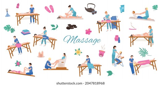 Masaje de personas composición de fondo plano con texto aislado e iconos florales con accesorios de spa e ilustración de vector de personas