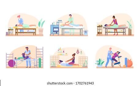 Massage Menschen gesetzt, entspannende Prozedur in Schönheitssalon oder Rehabilitationstherapie, Vektorillustration Illustration. Professionelle Masseur Cartoon Charaktere, Gesundheitsbehandlung. Masseuse im Wellnesscenter