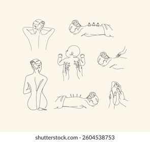 Massage position woman back, acupuncture, vacuum, foot and baby drawing in linear style with black on beige background