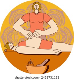 Massage for pregnant woman by professional therapist in spa. Isolated flat vector illustration in circle shape.