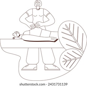 Massage for pregnant woman by professional therapist in spa. Contour drawing. Isolated vector illustration.