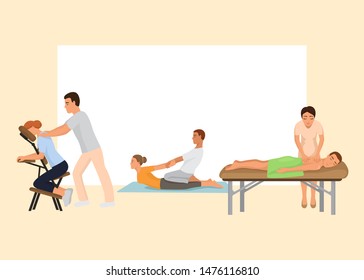 Massage procedure vector illustration. Beauty spa and therapist proffecional masseuse. Healthy lifestyle. Relaxation concept and professional masseurs cartoon characters.