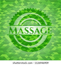 Massage realistic green emblem. Mosaic background