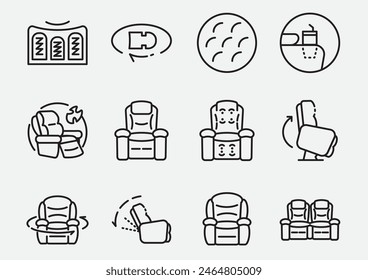 massage recliner chair icon set with many benefits of function such as electric massage, 360 degree rotate and standing support. 