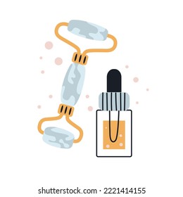 Massage roller, oil bottle. Facial massagers, facial treatments. Tools for skin care and tone improvement.