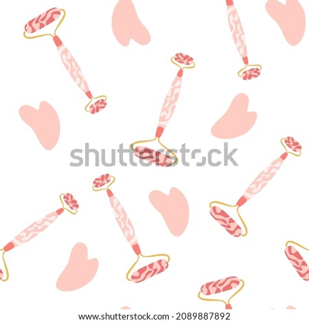 Massage roller seamless pattern. Skin care, face yoga, home beauty procedures and routine background. Gua sha face massage roller. Hand draw vector illustration