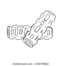 Rodillos de masaje con una superficie de cinta para el impacto en los músculos. Ilustración vectorial aislada en un fondo blanco. Borde negro sobre blanco. Para un blog de fitness.