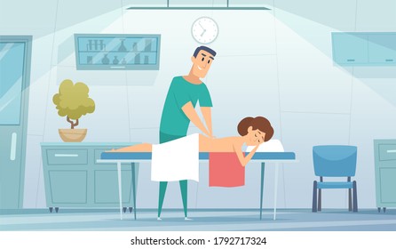 Massage room. Nurse works with patient. Medical rehabilitation of athletes, muscle warming. Girl on couch in doctor office vector illustration