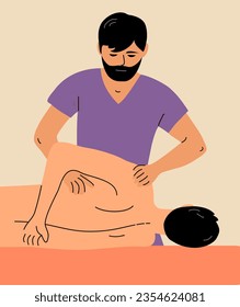 Massage room in a rehabilitation clinic. Doctor chiropractor and man patient. Therapy and exercise. Health care. Flat vector illustration