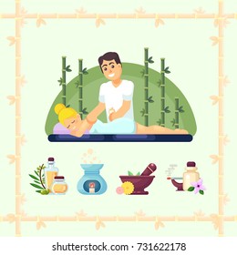Massage room spa. Masseuse makes cosmetic procedures girl. Vector illustration