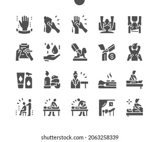 Massage salon. Physiotherapy. Relax, oil and cream. Aromatherapy. Massage stones. Vector Solid Icons. Simple Pictogram