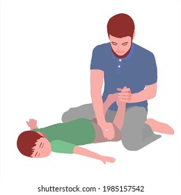 A massage session for a child. The specialist kneads the hips of the lying boy from the back. Japanese rehabilitation therapy. Advertising of a massage parlor. Chiropractor. Medical stretching. Father