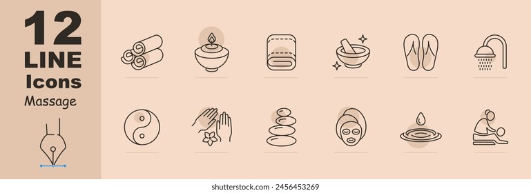 Massage set icon. Towel, blanket, aroma candles, rest, oils, slippers, shower, water, aroma, flower, natural products, face mask, pebble on pebble, rubdown. Relaxation concept.