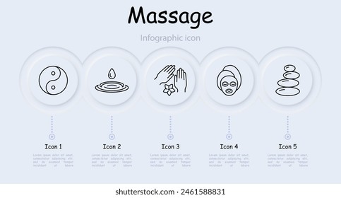 Massage set icon. Towel, blanket, aroma candles, rest, oils, slippers, shower, water, aroma, flower, natural products, face mask, pebble on pebble, neomorphism, infographic. Relaxation concept.
