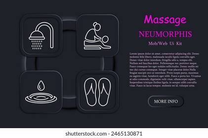 Massage set icon. Towel, douche, slates, aroma candles, rest, oils, slippers, shower, water, aroma, flower, natural products, face mask, pebble on pebble, rubdown. Relaxation concept.