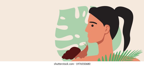 Massage Snail achatina. Flat vector stock illustration. Mucin in clam mucus. Natural mollusk massage. Woman body, skin care. Cosmetological achatina. Illustration as copy space template