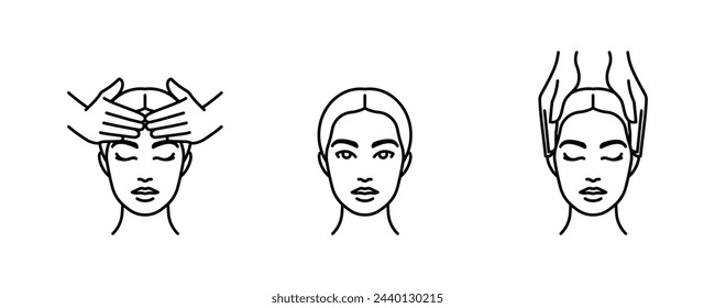 Massage and Spa, line icon set. Woman portrait. Female head, massage movements,  spa treatments, skin care. Cosmetology, relaxation, facial massage. Thin outline, editable strokes