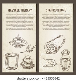 Massage, SPA  and relax procedure. Set of  vector cards template. Hand drawn elements. Natural stones, towel, candle, oil in bottle. Vector illustration in sketch style.