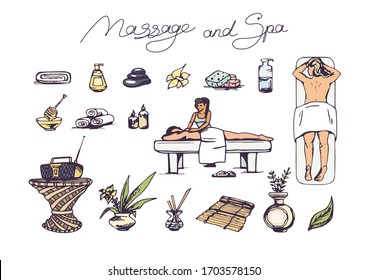 Massage and SPA set, hand drawn color vector illustration, cute contours silhouette icons, massage couch and equipment of spa salon, aroma therapy, relaxation, beauty and wellness, isolated elements.