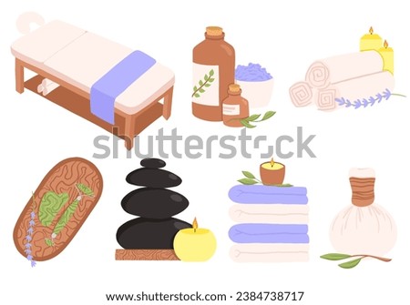 Massage and spa set of vector illustration including massage oil, table, stone massage, thai massage with herbal pouches, candles and lavender elements and objects