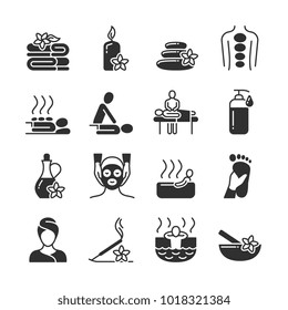 Massage and spa therapy, body care medical vector silhouette icons. Massage and health therapy for body, spa and beauty illustration