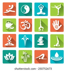 Massage Spa yoga icons with long shadow. Set of massage, yoga, spa trendy icons with long shadow. Vector illustration. 