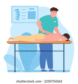 Massage spine back orthopedic medical rehab injury help patient recovery vector flat illustration. Male doctor massaging client bone joint muscle disorder therapy treatment osteopathy manual support