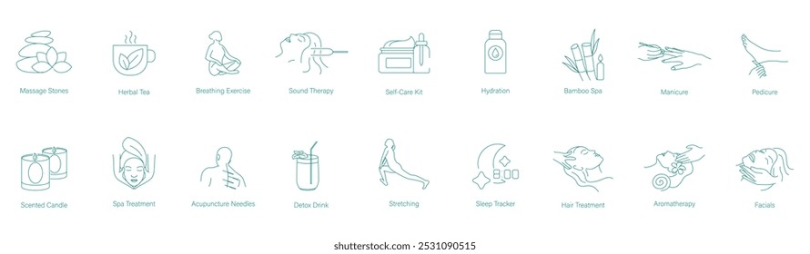 Piedra de masaje, té de hierbas, ejercicios de respiración, terapia de sonido, kit de cuidado personal, hidratación, spa de bambú, manicura, pedicura, velas perfumadas, tratamiento de spa, acupuntura, conjunto de íconos de Vector de bebida de desintoxicación